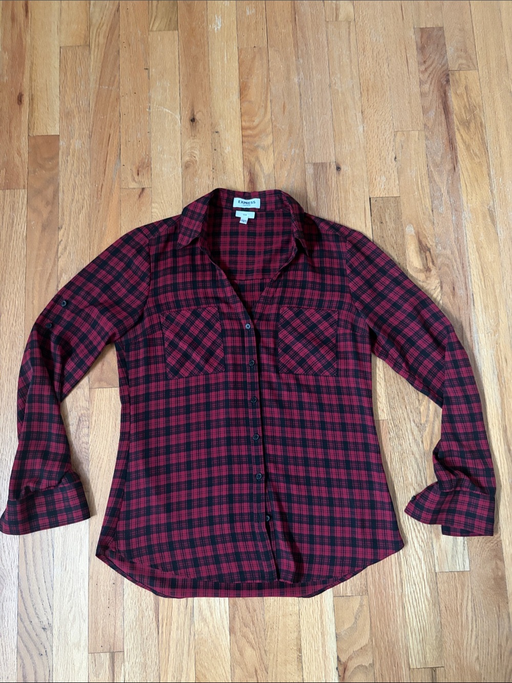 express portifinon womens red/black plaid button down shirt slim fit